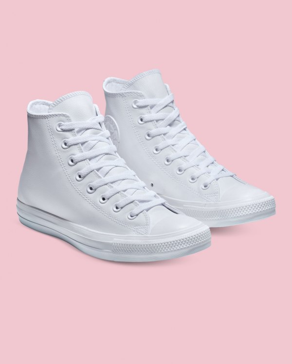 Converse Chuck Taylor All Star Leather Hvide Sko Danmark - Converse Høje Sneakers Dame - 28047HAXU